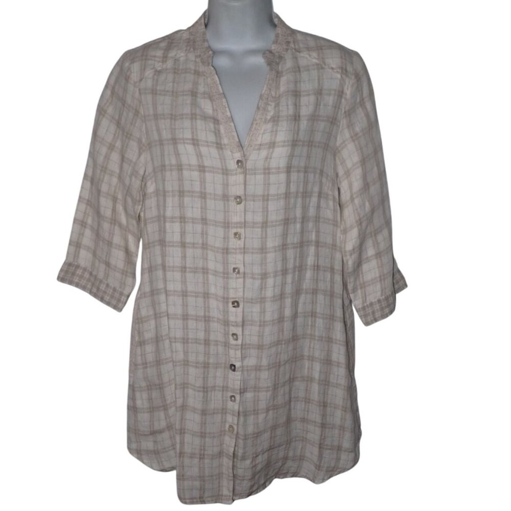 April Cornell Linen Tunic Top women S Beige Plaid Long sleeve Button‎ Front Boho